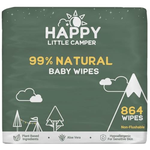 Happy Little Camper Natural Baby Wipes Unscented - Hypoallergenic & Chlorine-Free Wet Wipes with Aloe Vera, Chamomile and Pomegranate Extract - Gentle on Sensitive Skin - 864 Count
