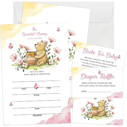 Winnie Baby Shower Invites with Book & Diaper Cards, A Little Hunny Is on the Way Baby Shower Invitations, 25PCS Fill-In Invites with Envelopes for Girl Boy Baby Shower Gender Reveal Party Decor-B27