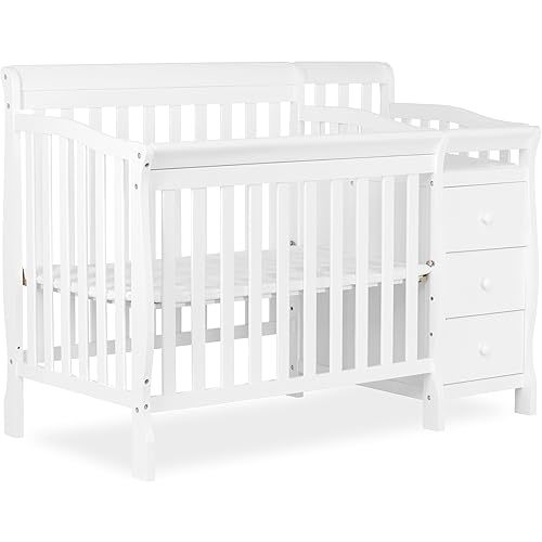 Dream On Me Jayden 4‑in‑1 Mini Convertible Baby Crib & Changer with Storage in White, Pinewood, GreenGuard Gold & BSA, 1” Mattress Pad, 3 Mattress Heights, Converts to Mini Day & Twin-Size Bed