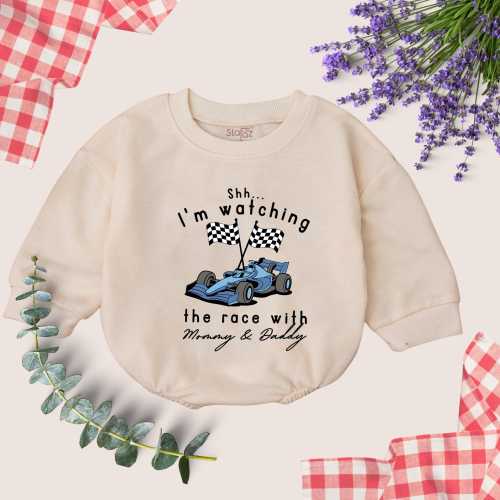 Shh I'm Watching the Race with Mommy & Daddy Baby Romper, Race Car Baby Bodysuit, F1 Inspired Bodysuit, Natural Newborn Gift, Baby Clothes