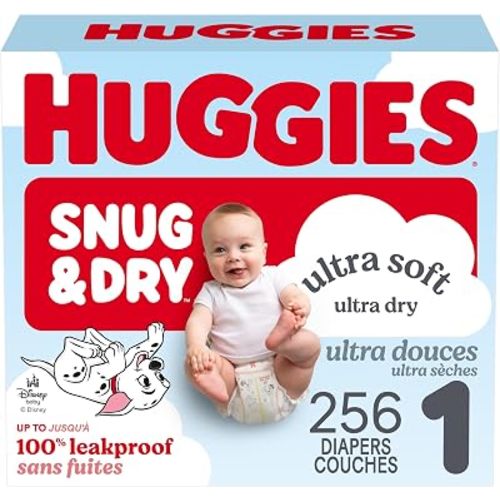 Huggies Size 1 Diapers, Snug & Dry Newborn Diapers, Size 1 (8-14 lbs), 256 Count (4 Packs of 64), Packaging May Vary