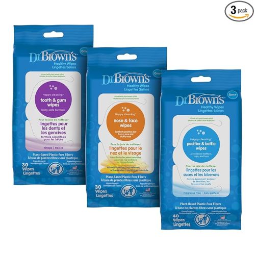 Dr. Brown's Healthy Wipes Variety Pack, Tooth and Gum, Nose and Face, Bottle and Pacifier, Cleaning Wipes, 100 count, 3-Pack Variety (Packaging May Vary)