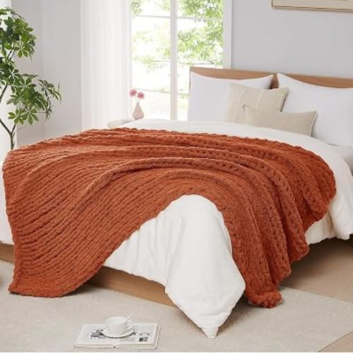 L'AGRATY Chunky Knit Throw Blanket for Couch, 50 x 60 Inches, Rusty Orange