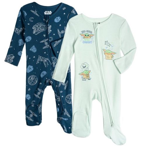 Star Wars The Mandalorian Baby Boys' 2-Pack Jersey Knit Zip Front Footed Coveralls Navy Mint Grogu 12 Months
