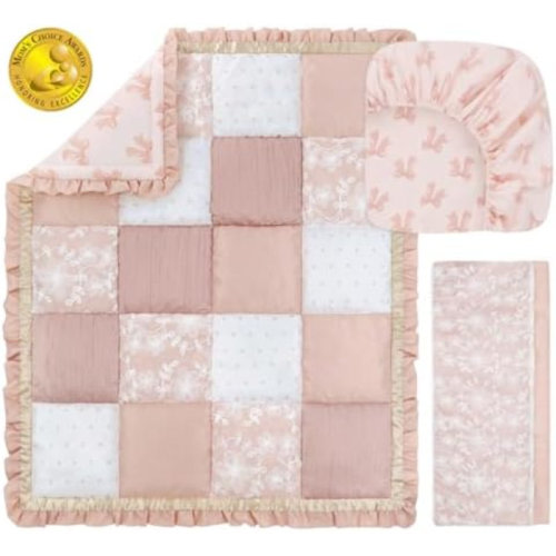 ToccoLeggero 3 Piece Baby Crib Bedding Set For Girls - Cotton Fitted Crib Sheet, Layered Dust Ruffle, Comforter, Newborn, Infant & Toddler Vintage Nursery Bed Set Decor, Pink, Gold, Floral - Grace | Wayfair