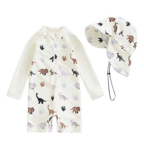 Zanarzt Little Boys Swimsuit 1 Piece Toddler Baby Boy Swimsuit Kids Rash Guard Long Sleeve One Piece Bathing Suit Swimwear with Hat White,0-3 Months