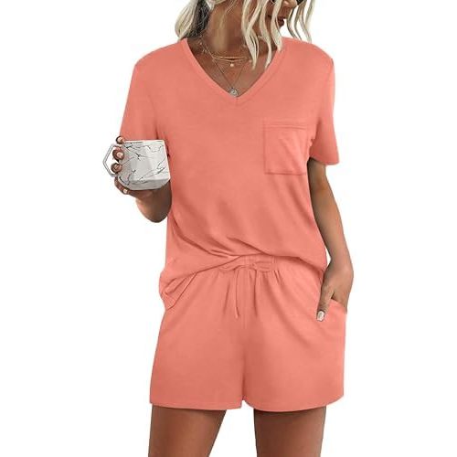 RUBZOOF Women's Short Sleeve Pajama Sets with Pockets Casual V Neck 2 Piece Lounge Sets S-3XL