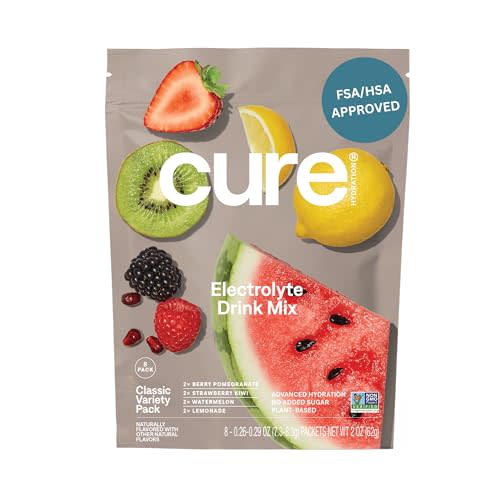 Cure Hydration - Electrolyte Drink Powder Classic Variety Pack 8 Packets | Plant-Based Dehydration Relief Mix Made with Coconut Water, No Added Sugar, Vegan, Non-GMO, Gluten Free, FSA-HSA Eligible