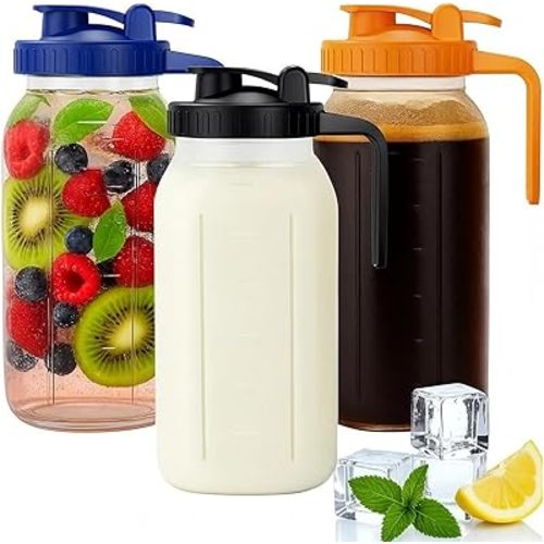 64oz Mason Jar Pitcher - Airtight & Leakproof Glass Pitchers with Handle and Lid, Perfect for Breastmilk, Cold Brew and Sun Tea for Outside,2 Quart Mason Jar with Pour Spout Lid,1/2 Gallon Water Jug