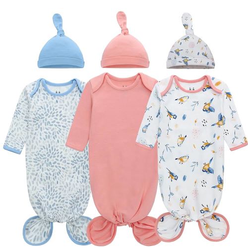Miracle Baby Newborn Knotted Gown with Hat Set, 3 Pack Newborn Nightgowns, Baby Sleeper Gowns with Mitten Cuffs for Boys Girls 0-6 Months