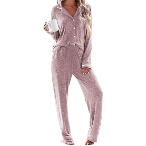 Ekouaer Women's Pajama Sets Long Sleeve Button Down 2 Piece Pjs Soft Lounge Sets Notch Collar Sleepwear