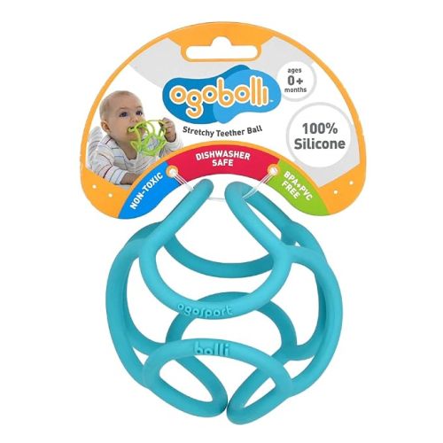 OgoBolli Teether Ring Tactile Sensory Ball Toy for Babies & Toddlers - Stretchy, Squishy, Soft, Non-Toxic Silicone - Boys and Girls Age 0+ Months - Blue