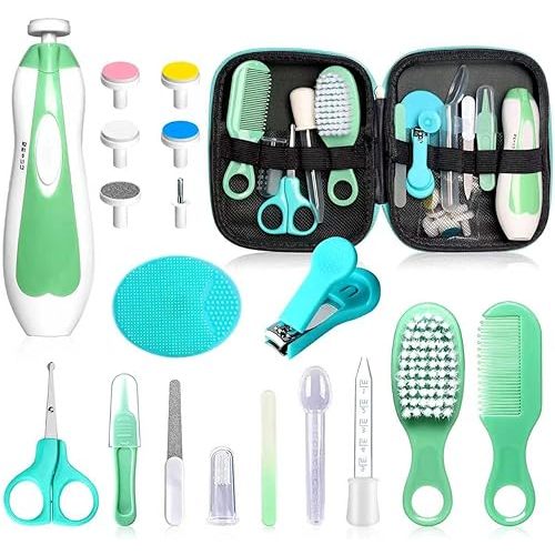Baby Grooming Kit - 19 in 1 Nursery Essentials Baby Registry Shower Gift for Newborns, Infants, Toddlers, Boys, Girls Kids-Safety Baby Comb, Brush, Finger Toothbrush, Nail Clippers, Scissors(Green)