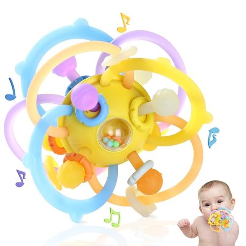 Baby Sensory Teething Toys, Baby Montessori Teether Toys for 0 3 6 9 12 18 Months, Silicone Tummy Time Toy with Rattle Ball for Newborn Infant, Learning Delopmental Gift for Boys Girls, Beige