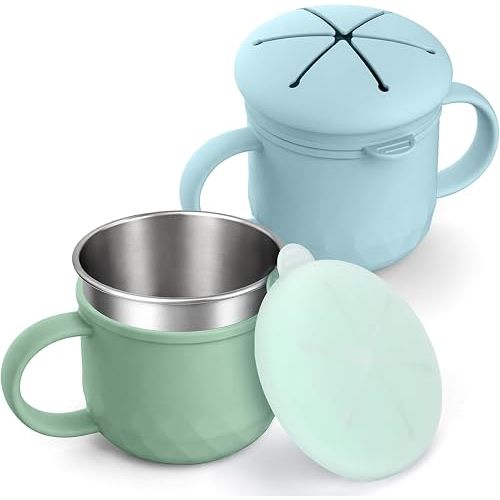 BUSOHA 2 Pack Stainless Steel Snack Containers – 4 in 1 Spill Proof Snack Cup for Kids with Silicone Lids,Reusable Toddler Snack Containers,Metal Food Storage for Lunch Box,Travel,Blue+Green