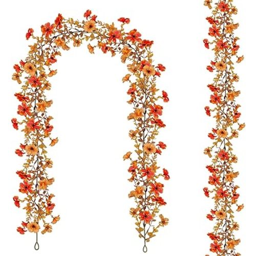 2 Pack Artificial Fall Flowers Garland, 6 FT Fall Decorations UV Resistant Fake Mums Floral Vines Faux Hanging Flower Ivy Garland for Home Party Table Wall Decor (Orange + Autumn Yellow)