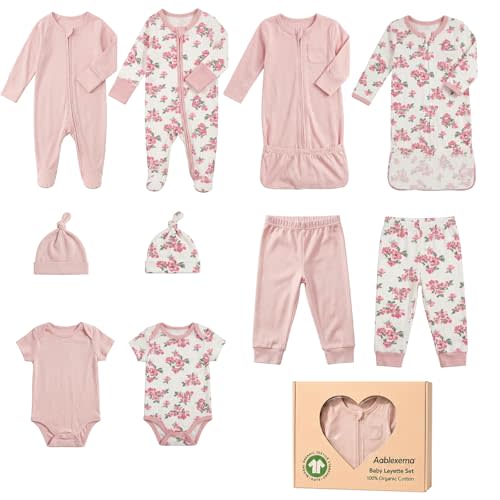 Aablexema Organic Cotton Baby Layette Set, 10pcs Newborn Essentials Footed Pjs, Bodysuits, Pants, Hats, Nightgowns