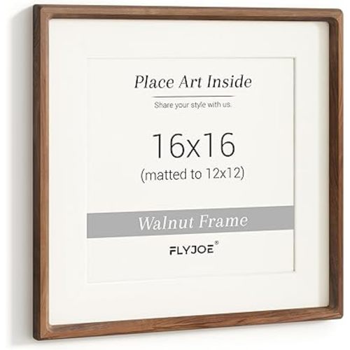16x16 Picture Frame, USA-Sourced Natural Walnut Wood Photo Frame with Tempered Glass, Handcrafted Rounded Corner 16 x 16 Wooden Frame Matted to 12x12 Photos, Horizontal or Vertical Wall Mounting