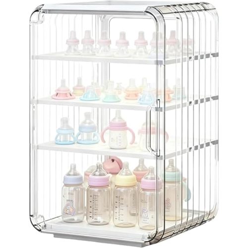 Baby Bottle Organizer 15" x 10inch 4-Tier Clear Acrylic Baby Bottle Storage Organizer for Countertop & Cabinet Drainable Bottles Storage Station Container for Nipples Food Jars Pump Parts