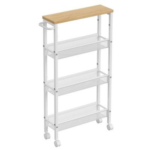 VASAGLE Slim Rolling Cart, 4-Tier Storage Cart, Narrow Cart with Handle, 5.1 Inches Deep, Metal Frame, Oak Beige and Classic White