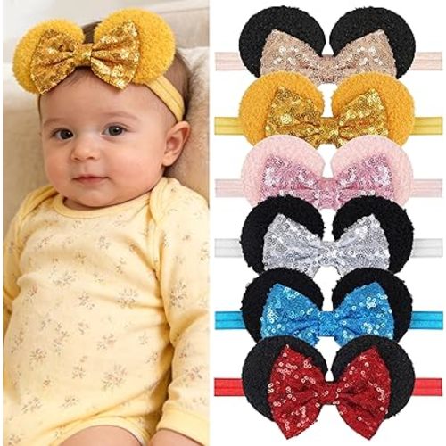 CellElection 6 Pack Baby Girls Sequin Headbands 6Inch Large Big Sparkly Glitter Sequin Hair Bows Headband for Newborn Infant Toddlers Babies