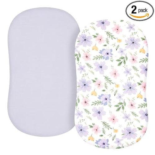 TILLYOU Baby Bassinet Sheets for Girls Boys 2 Pack Baby Sheets for Square Rectangle Oval Bassinet Mattress 33X16 Inch, Brilliant Little Flowers and Purple