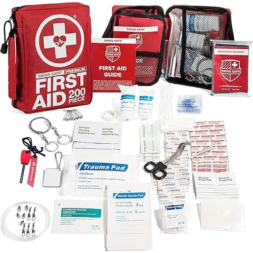 Swiss Safe 2-in-1 First Aid Kit for Car, Travel & Home, Businesses - Bonus Mini Kit for Medical Emergency Aid, Survival, Camping - FSA & HSA Eligible - 200 Pcs, Medium FAK