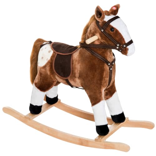 Qaba Kids Rocking Horse Plush for Boys Girls with Realistic Sounds Brown | Ride On Toy, Toddler Rocker, Gifts