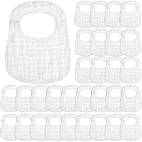 Reginary 30 Pack White Muslin Bibs Bulk for Boy Girl Muslin Baby Bibs Adjustable 6 Layers Cotton Bandana Soft Absorbent Washable Snap for Baby Decorating Newborn Infant Drooling Eating Feeding Gifts