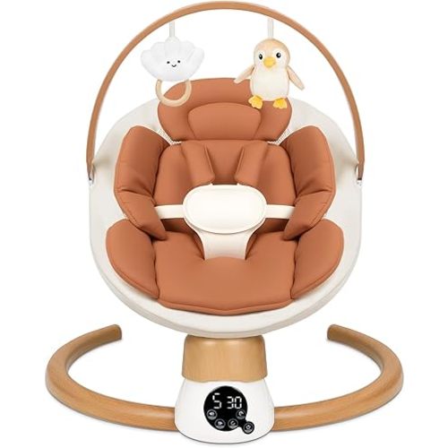 Baby Swings for Infants | Electric Portable Baby Swing with Bluetooth, 5 Swing Speed, 3 Timer Settings, 10 Lullabies, 5-Point Harness & Remote Control | Newborn Swing for Indoor & Outdoor (Brown)