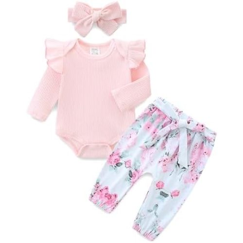 Infant Girl Clothes Long Sleeve Ruffle Bodysuit Floral Pants Bow Headband Sets Fall Winter Spring Outfits