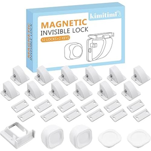 12 Pack Magnetic Cabinet Locks Baby Proofing - Child Safety Cabinet Latch Locks with Adhesive, No Drill or Tools Installation, for Cabinets Drawers Doors