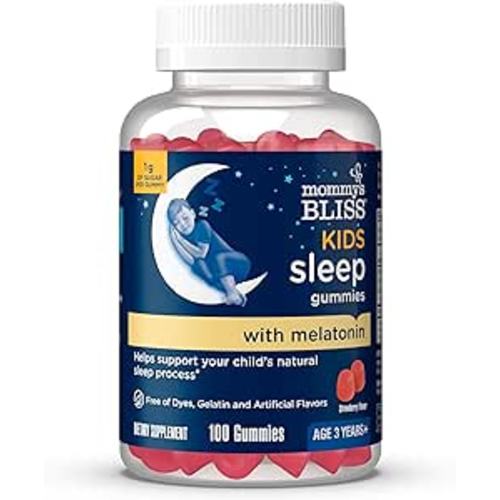 Mommy's Bliss Kids Sleep Melatonin Gummies, No Artificial Colors, Flavors or Gelatin, Strawberry Flavor, Age 3+, 100 Gummies (Packaging May Vary)
