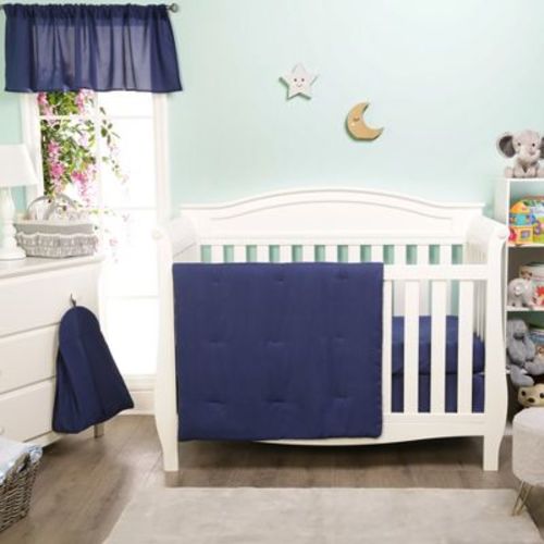 EVERYDAY KIDS 4-Piece Navy Crib Bedding Set for Boys – Includes Quilt, Fitted Sheet, Dust Ruffle & Diaper Stacker – Nursery Essentials