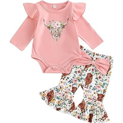 Baby Girls Summer Outfit Short Sleeve Romper Tops Floral Cattle Print Flared Pants Headband Toddler Baby Clothes Set