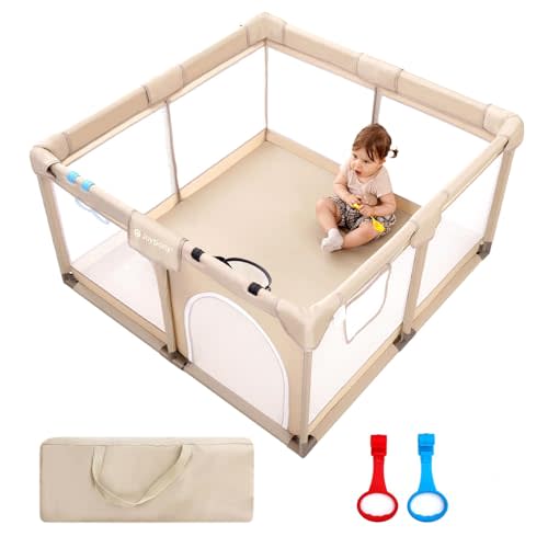 Joypony Baby Playpen, 50x50 in Small Play Pen for Babies and Toddlers, Playpen for Kids with Gate, Indoors Play Yard with Soft Breathable Mesh (Beige)