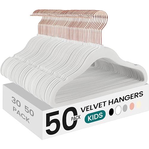 SONGMICS Baby Kids Hangers 50 Pack for Closet, 11.8 x 8.1 Inches, Rose Gold 360° Swivel Hooks, Space-Saving Clothes Velvet Hangers for Nursery, Non-Slip, Cloud White UCRF027W01