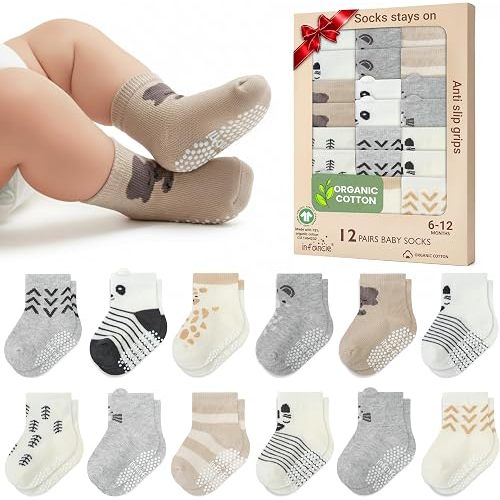 GOTS Organic Cotton Blend 12 Warm Baby Socks Boys 6-12M Non Slip Gift infant