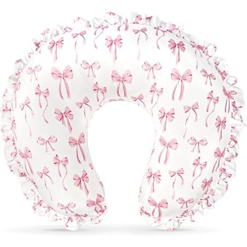 Ruffled Nursing Pillow Cover, Removable Nursing Covers for Breastfeeding Pillows, Stretchy and Soft Fit for Baby Girls Boys Newborn, Pink Bow(Only Cover)