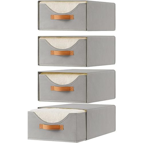 4 Pcs Closet Drawers and Large Size Clothes Storage Bins Push-Out Storage Stackable Shelf Drawers with See-Through Window Closet Organizers for Bedroom, Living Room, Under Bed, Grey