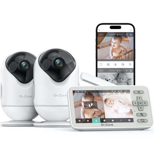 Dr.Care VistaView Lite Smart Wifi Baby Monitor with 2 Cameras – 4" 720P Split Screen, 1080P Camera, App Control, Motion Alerts
