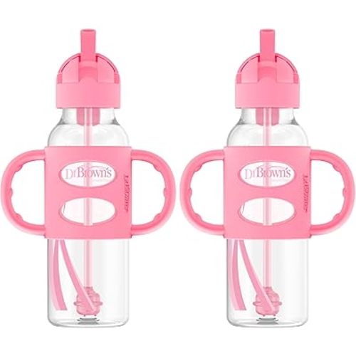 Dr. Brown's Milestones Narrow Sippy Straw Bottle, Spill-Proof with 100% Silicone Handles and Weighted Straw, 8 oz/250 mL, Pink, 6m+ (Pack of 2)
