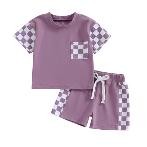 Toddler Baby Boy Girl Summer Clothes Checkerboard Print Short Sleeve T-Shirt Tee Tops Rolled Shorts Infant Outfits