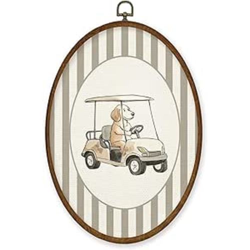 WULQYING Vintage Golden Retriever Golf Cart Wall Art Decor, Nursery Dog Sports Oval Framed Canvas Art Prints, Toddler Striped Sports Wall Hanging Decor for Home Playroom Boys Bedroom, 8.6x11.4 Inches
