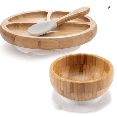 Baby Divided Bamboo Plates, Bowls with Suction and Matching Spoon Set, 3 Piece Feeding Supplies Set for Infant, Toddlers, Detachable Silicone Suction Stay Put Base for Wooden Bowl, Plate