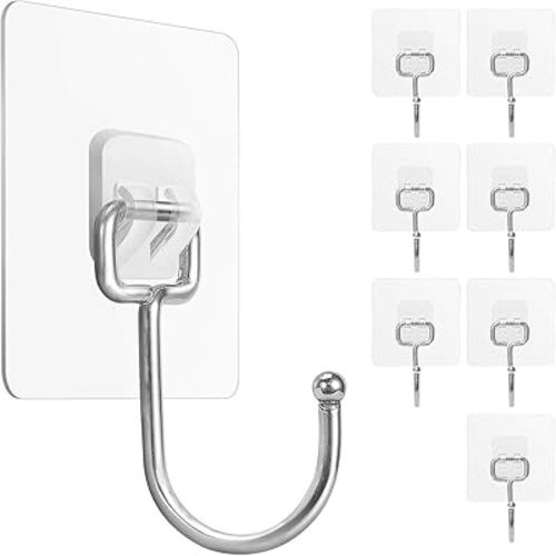 FACURY Large Adhesive Hooks 22Ib(Max), Waterproof and Rustproof Wall Hooks for Hanging Heavy Duty, Stainless Steel Towel and Coats Hooks to use Inside Kitchen, Bathroom, Home and Office, 8Pack