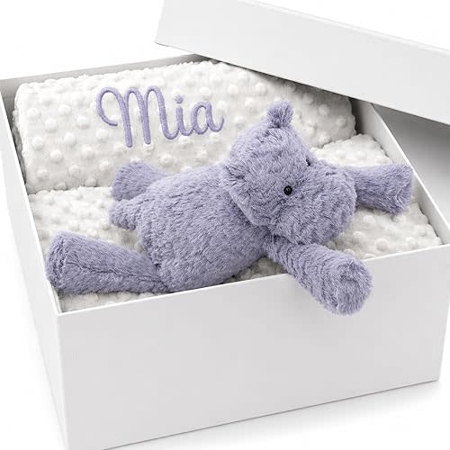 Personalized Baby Blanket with Optional Hippo Plush, Custom Minky Dot Blanket with Embroidered Name, Personalized 2-in-1 Infant Gift Set for Boys Girls Showering, Birthday(30"x40")