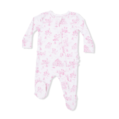 Puppy Toile Pink - 2 Way Ruffle Back Zipper Footie