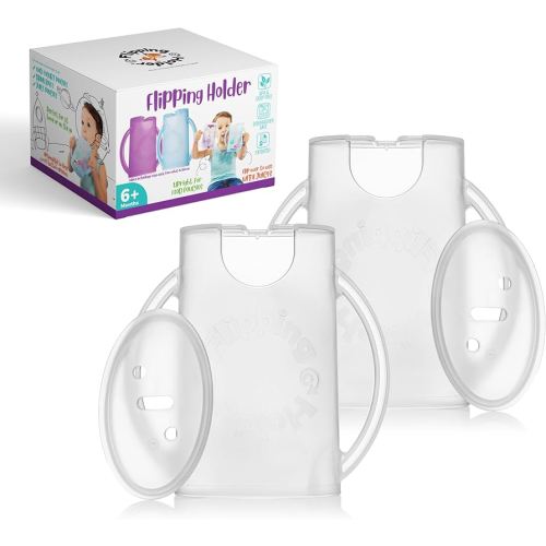 Flipping Holder 2-in-1 Baby Food Pouch & Juice Box Holder (2-pack) - No-Squeeze, Food-Safe Container with easy-grab Handles & Lid Fits GoGo, Capri Sun, Juice, Yogurt, & More