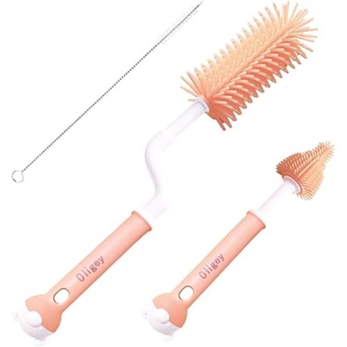 Silicone Baby Bottle Brushes Set Cleans Deep Container Nipple or Straw with Rotation Long Handle,3 in 1 Rubber Cleaning Kits Wash Infant Pacifier Teat Nozzle or Breast Pump by Spinning Handgrip
